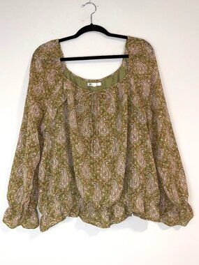 DR2 Boho Chic Sheer Peasant Peplum Ruffle Paisley Blouse Olive Green Rose Pink S